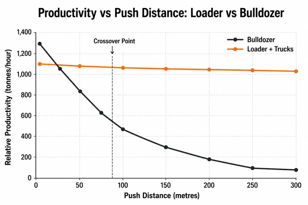 Productivity graph comparing loader and bulldozer performance across increasing push distances.