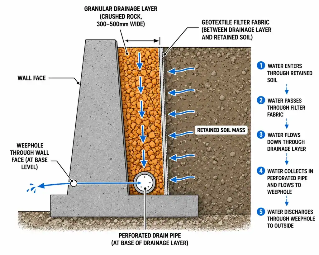 Retaining wall drainage system diagram showing geotextile pipe and water flow path