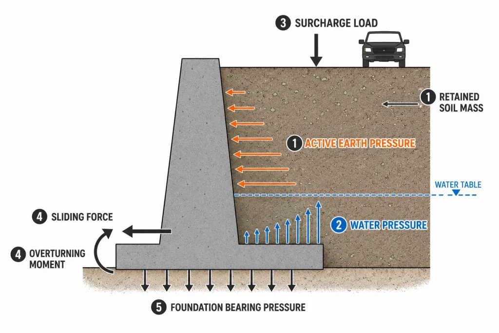 Retaining wall design diagram showing earth pressure water pressure and stability forces