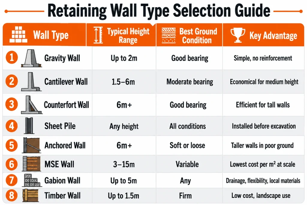 Retaining wall type selection guide comparing wall systems and applications