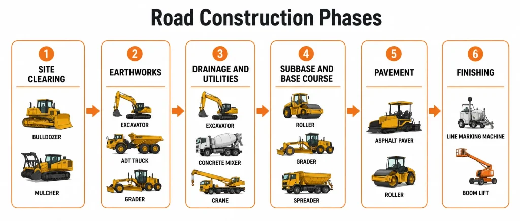 Road construction phases diagram showing clearing earthworks paving and finishing steps
