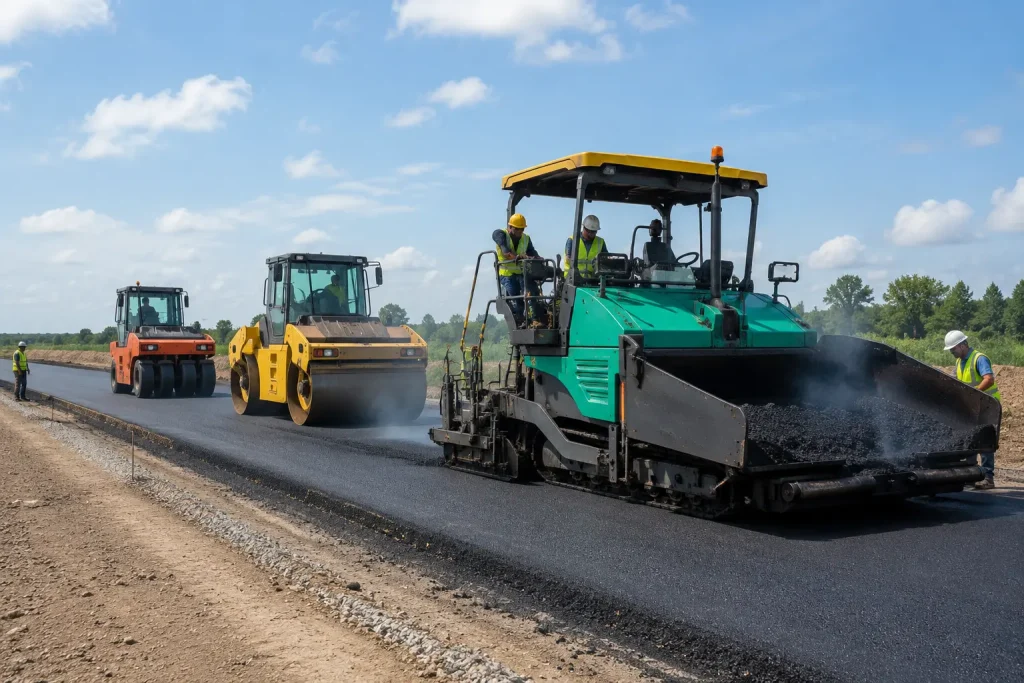 Asphalt paving train with paver roller and road construction equipment in operation