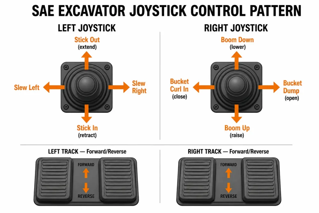 SAE excavator joystick control pattern showing boom, bucket, stick, slew, and track functions.
