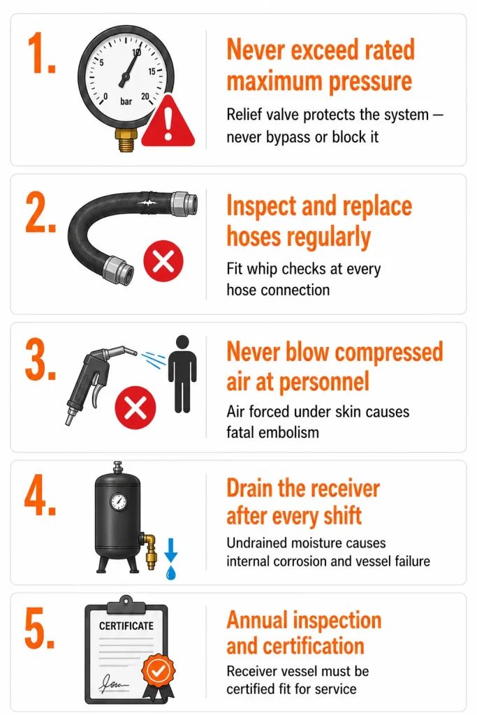 Air compressor safety infographic covering pressure limits, hose checks, draining, and certification.