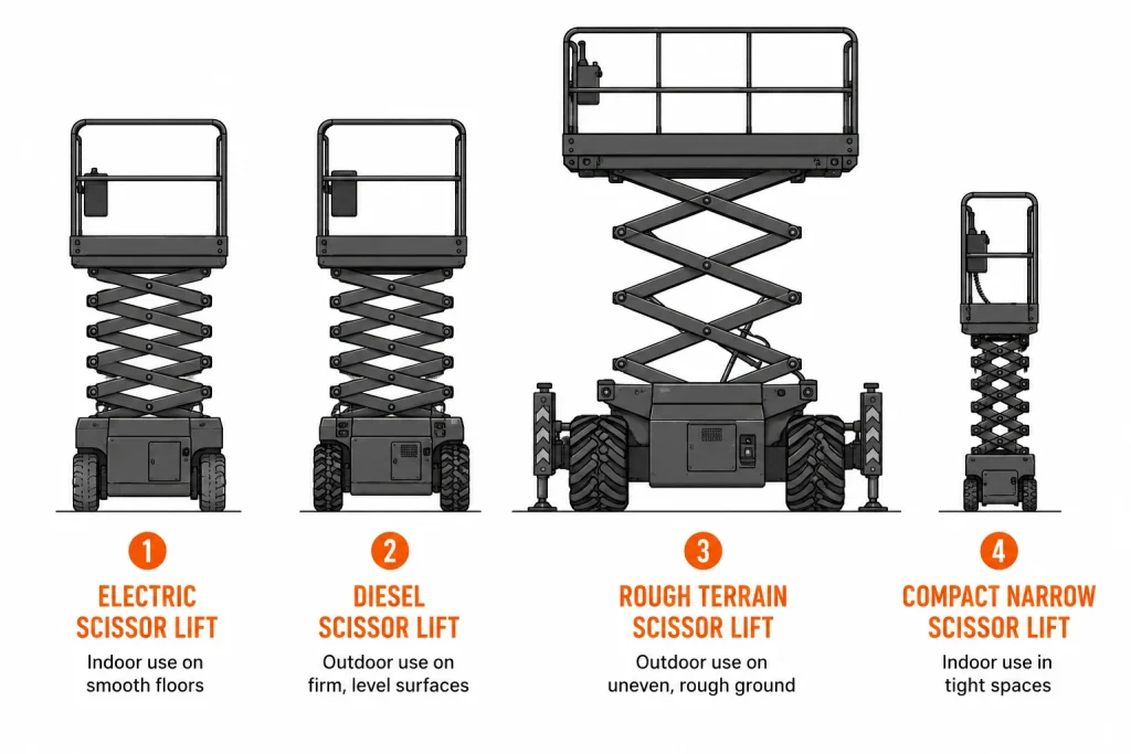 Scissor lift types comparison showing electric diesel rough terrain and compact models