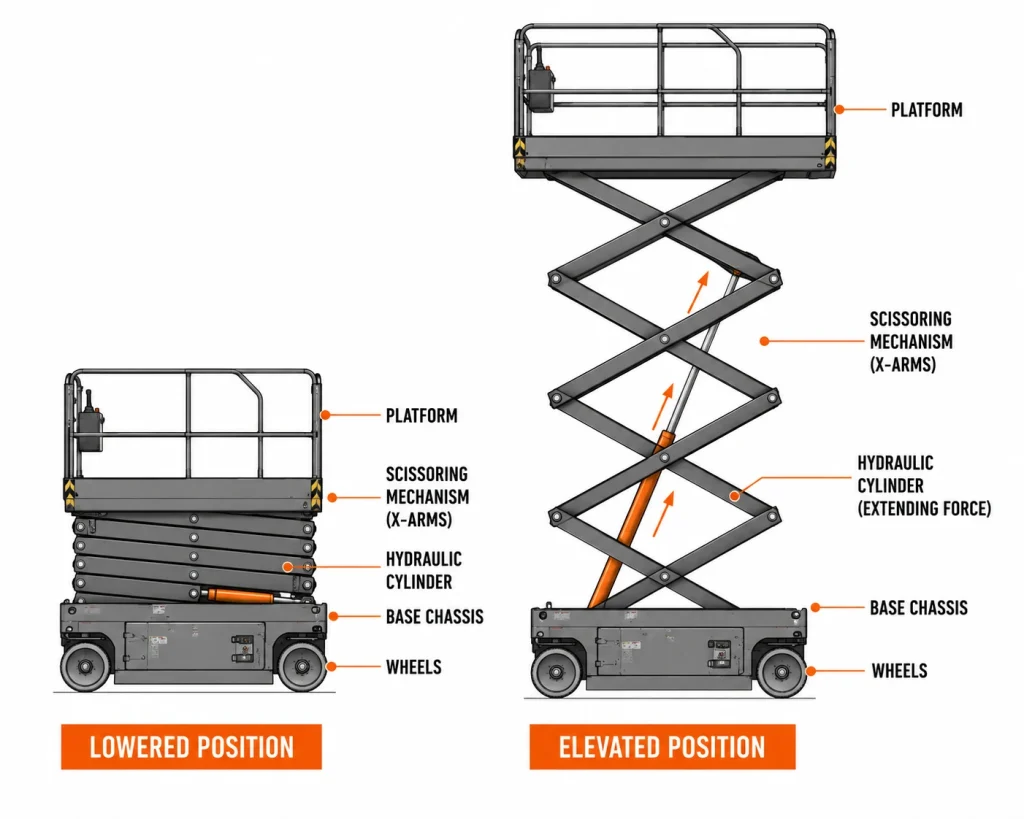 Scissor lift diagram comparing lowered and elevated positions with hydraulic mechanism