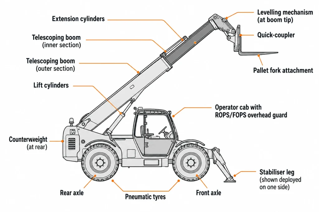 Side-view telehandler diagram with labeled boom, cylinders, cab, axles, tyres, counterweight, and stabiliser.
