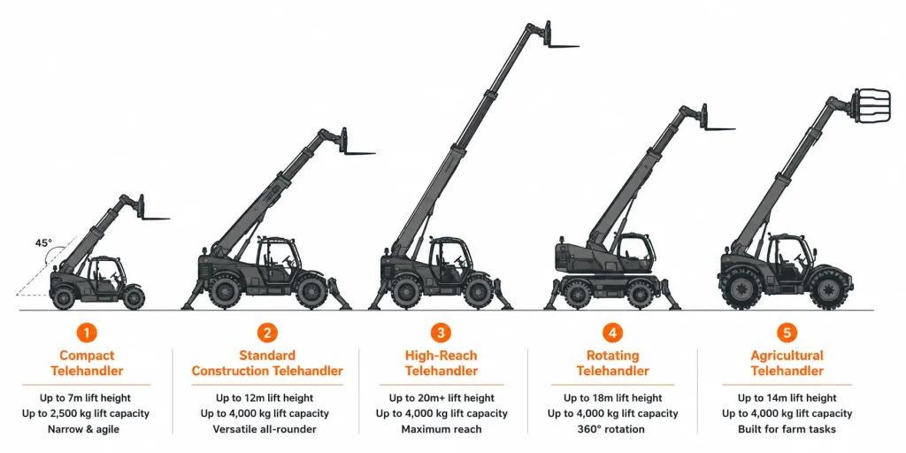 Comparison chart of five telehandler types showing size, boom reach, and typical maximum lift heights.