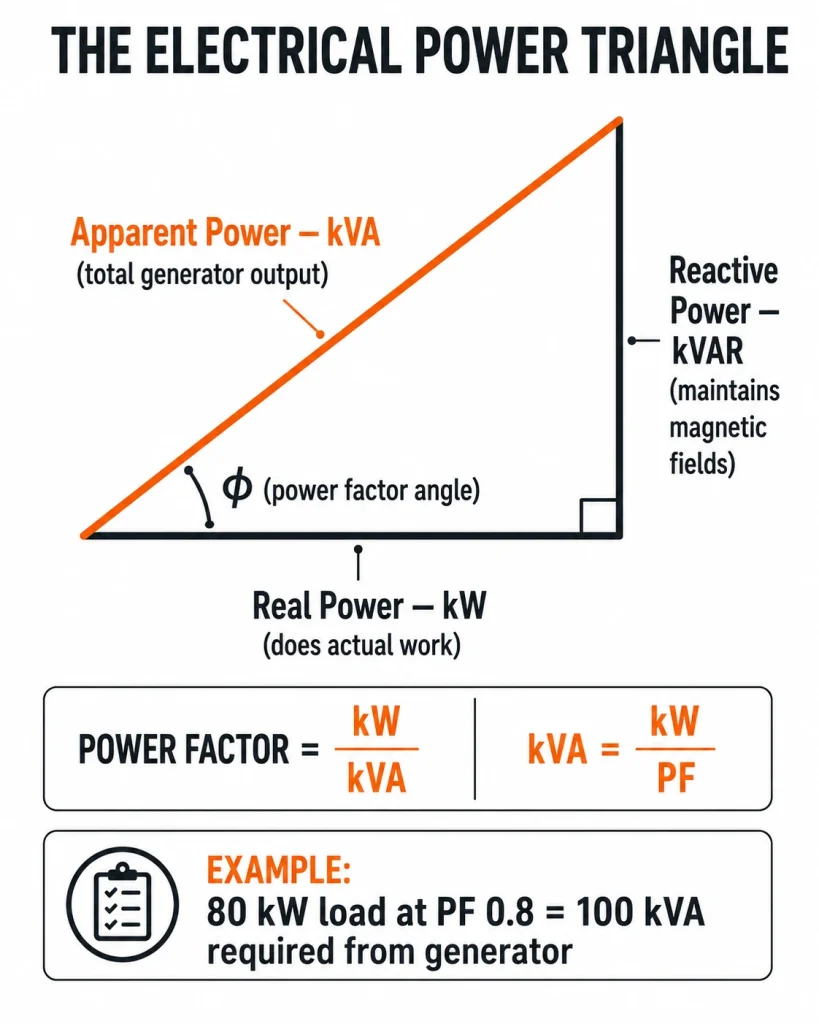 Electrical power triangle diagram showing kW kVA kVAR and power factor for generator sizing