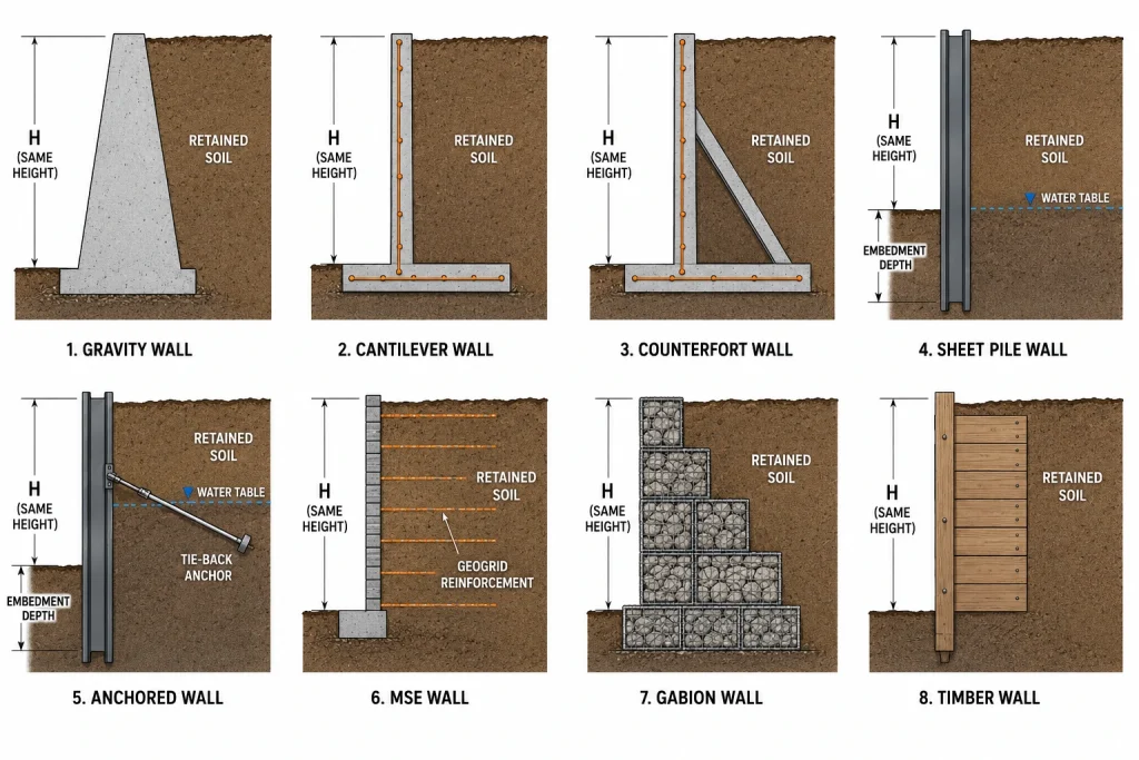 Retaining wall types comparison diagram showing eight wall designs and structures
