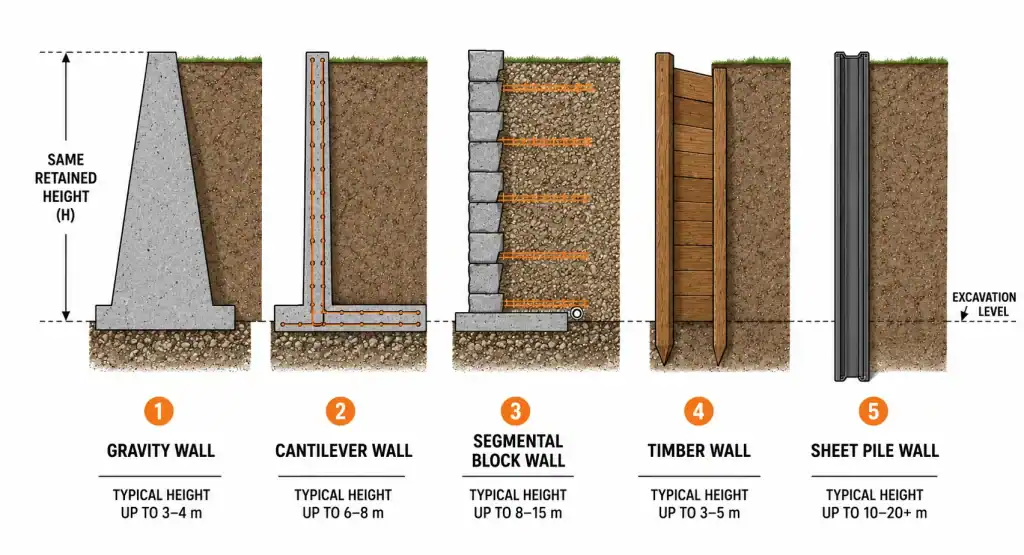 Retaining wall types comparison showing gravity cantilever block timber and sheet pile walls