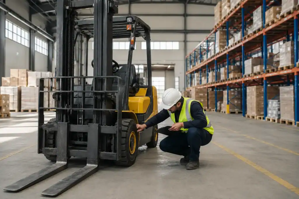 Forklift operator performing a pre-shift inspection of fork tines and tyres inside a warehouse.