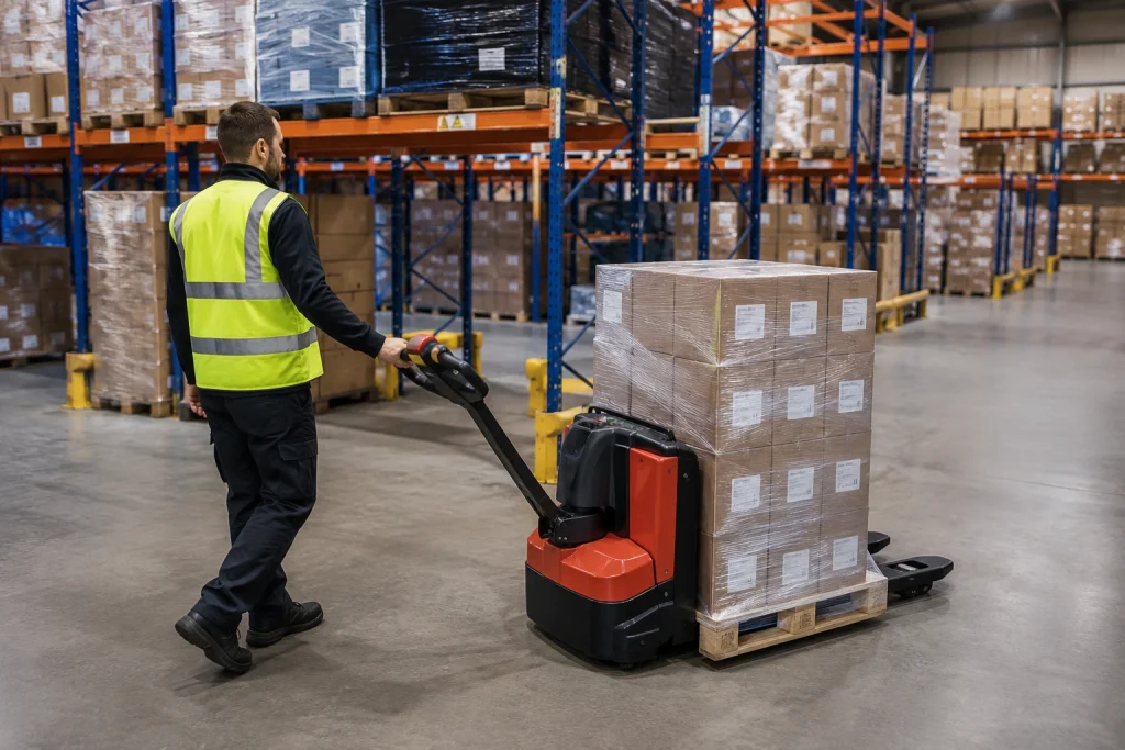 Electric walkie pallet jack moving loaded pallet in warehouse distribution centre