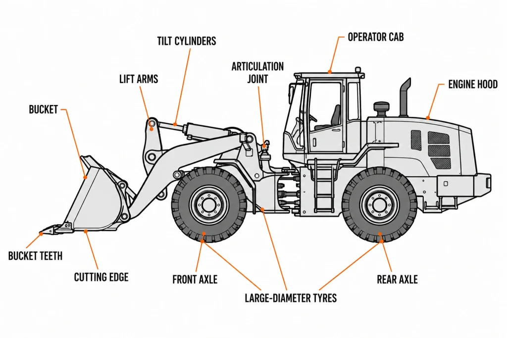 Articulated wheel loader parts diagram with bucket lift arms cab tyres and articulation joint