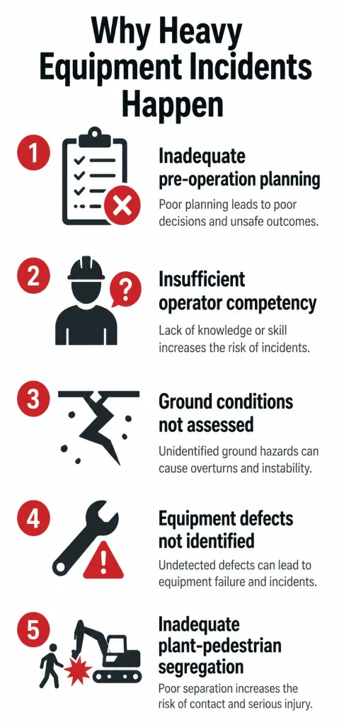Heavy equipment incident causes infographic covering planning training defects and site safety