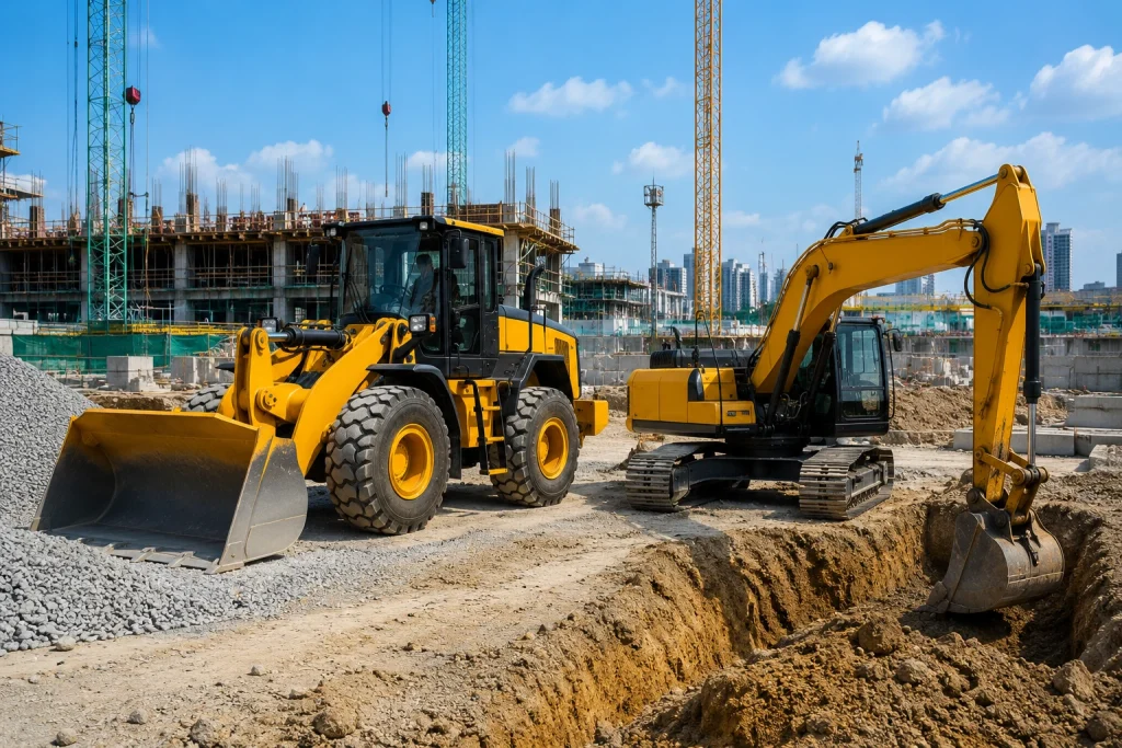 Front end loader and crawler excavator working side by side on an active construction site in Singapore.