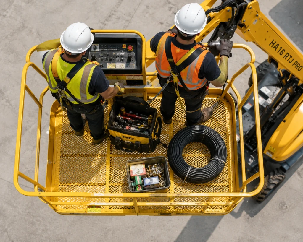 Overhead view of a boom lift platform carrying two workers, tools, cable, and materials safely.