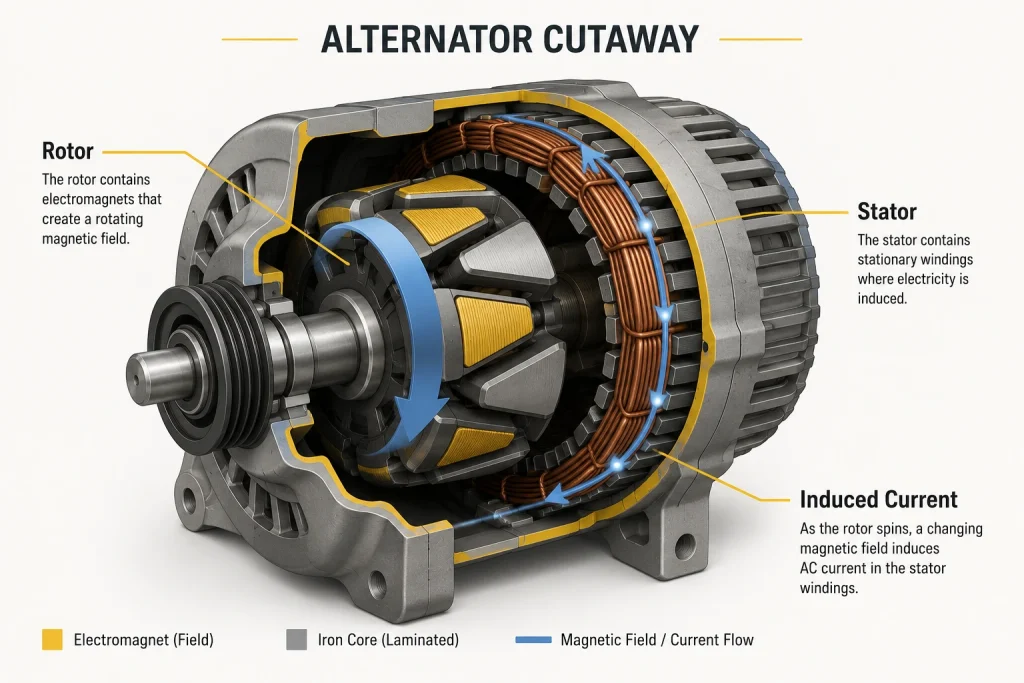Cutaway diagram of an alternator showing the rotor, stator, and induced current generation process.