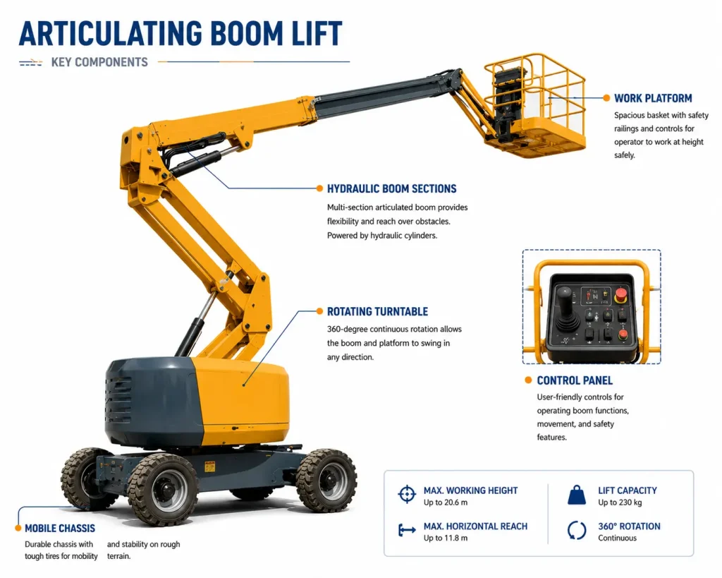 Technical diagram of an articulating boom lift showing key components and control panel.