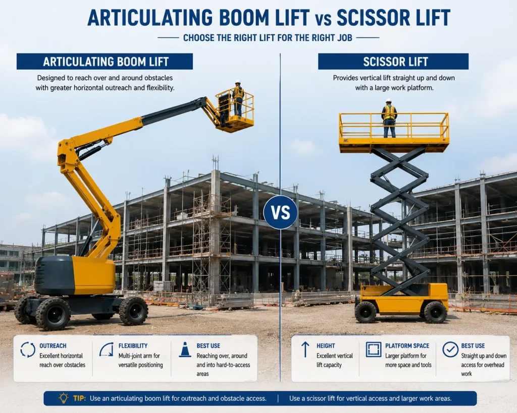 Comparison of an articulating boom lift and a scissor lift for working at height on construction sites.