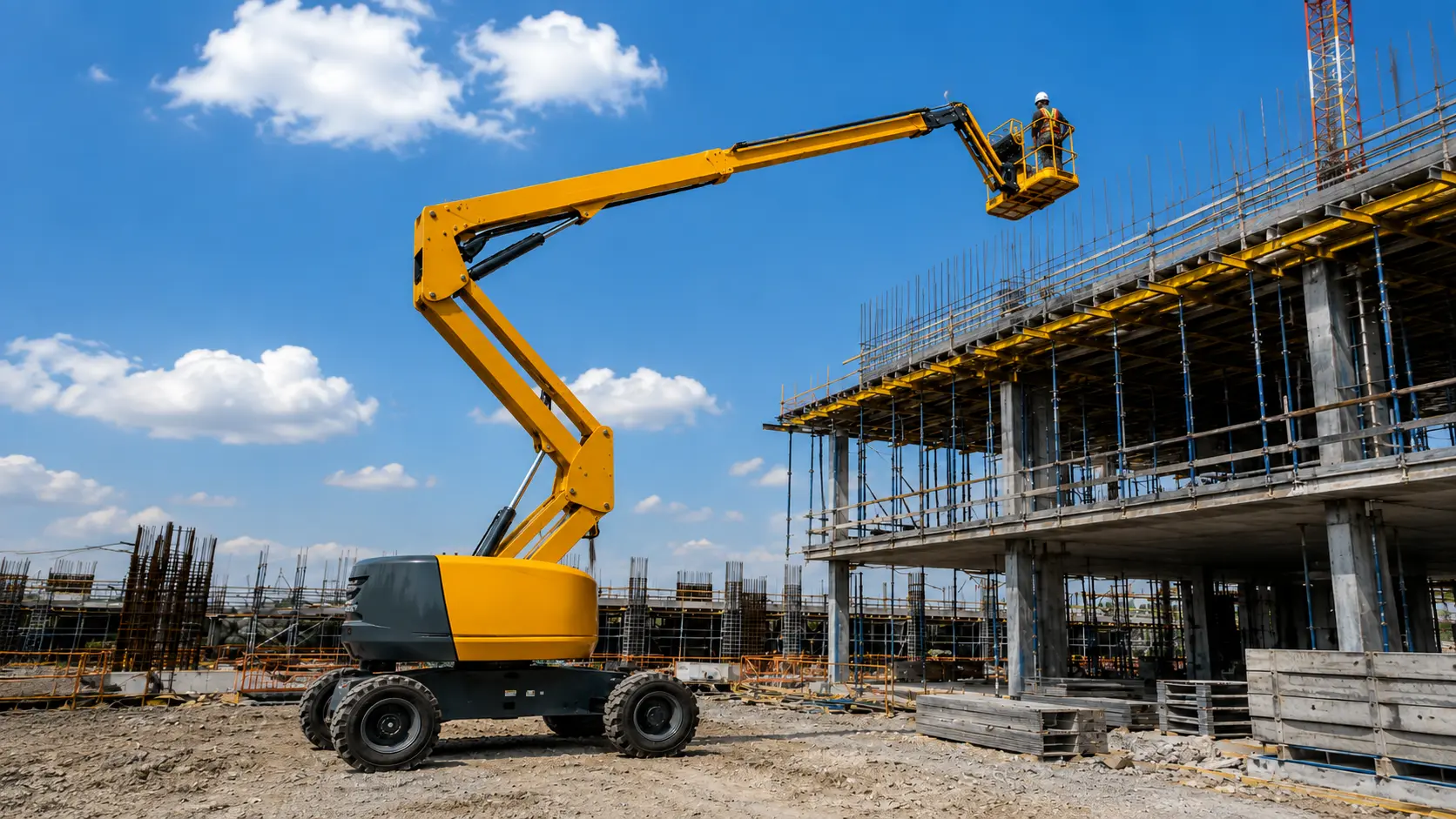 Worker in boom lift at construction site