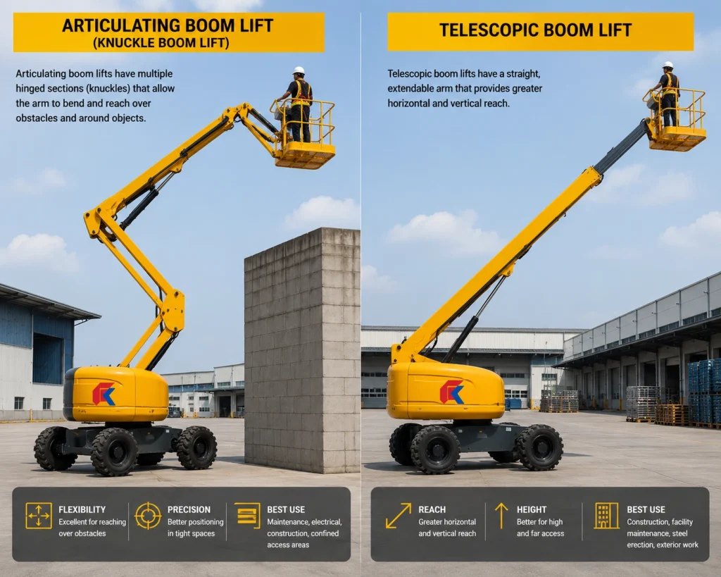 Comparison of articulating and telescopic boom lifts for working around obstacles and reaching high areas.