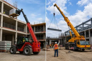 Split view comparing a telehandler delivering pallet loads and a mobile crane lifting a steel beam.