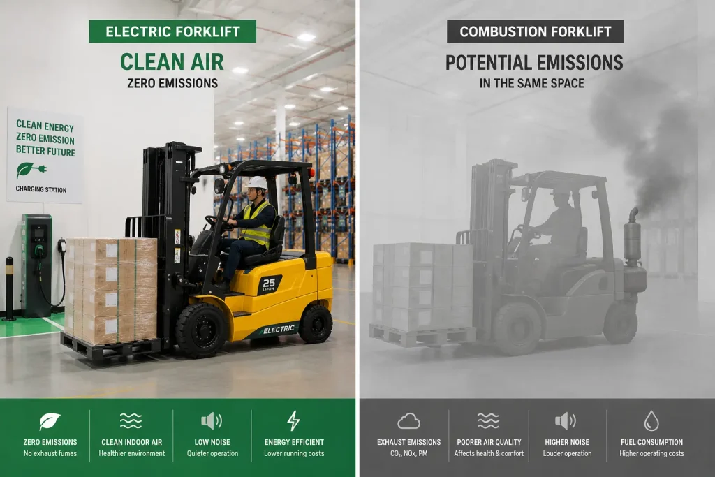 Comparison of an electric forklift in clean indoor air with combustion forklift exhaust fumes in a warehouse.