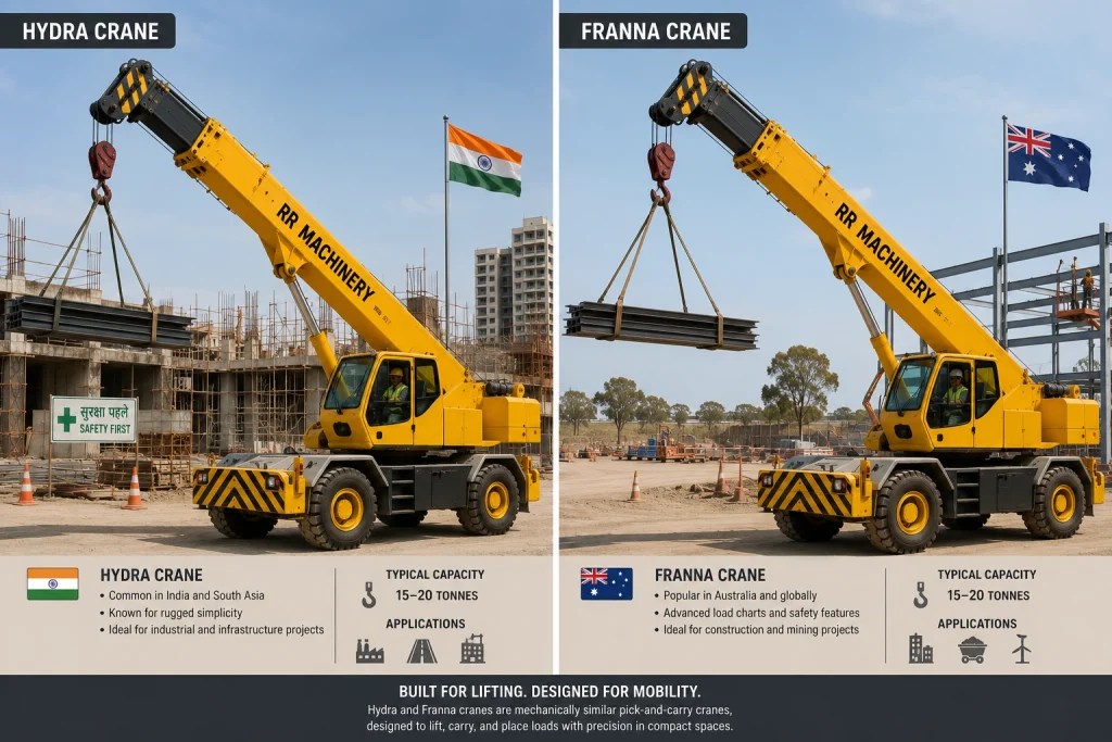 Side-by-side comparison of Hydra and Franna pick-and-carry cranes lifting identical loads.