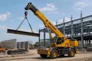 Pick-and-carry mobile crane transporting a suspended steel beam across an active construction site.