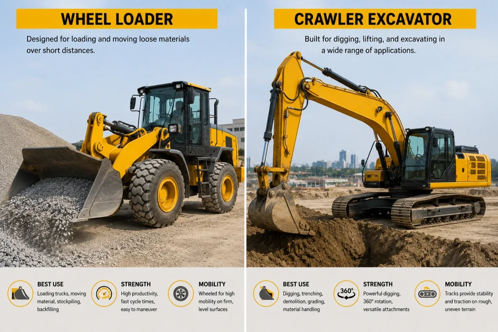 Comparison of a wheel loader and crawler excavator for loading, carrying, and excavation tasks.