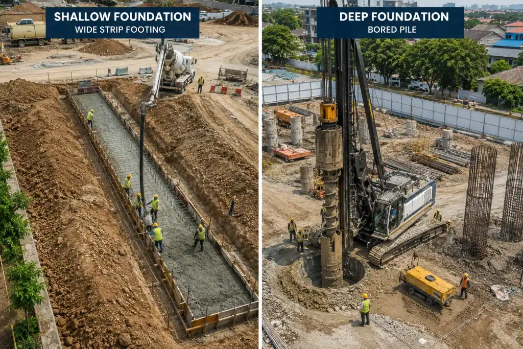 Split aerial view comparing shallow strip footing and deep bored pile foundation construction.
