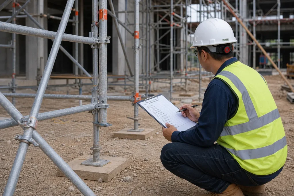 Technical diagram of scaffold components showing base plates, standards, ledgers, bracing, ties, and decking.