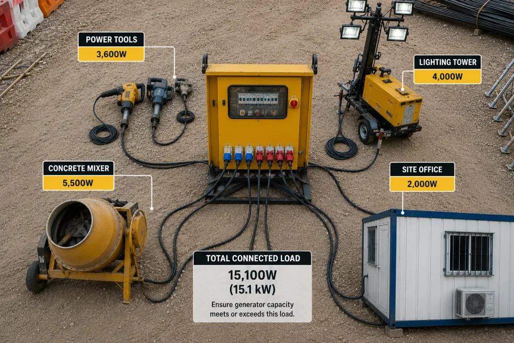 Overhead view of a construction site power distribution board connected to tools, lighting, mixer, and site office.