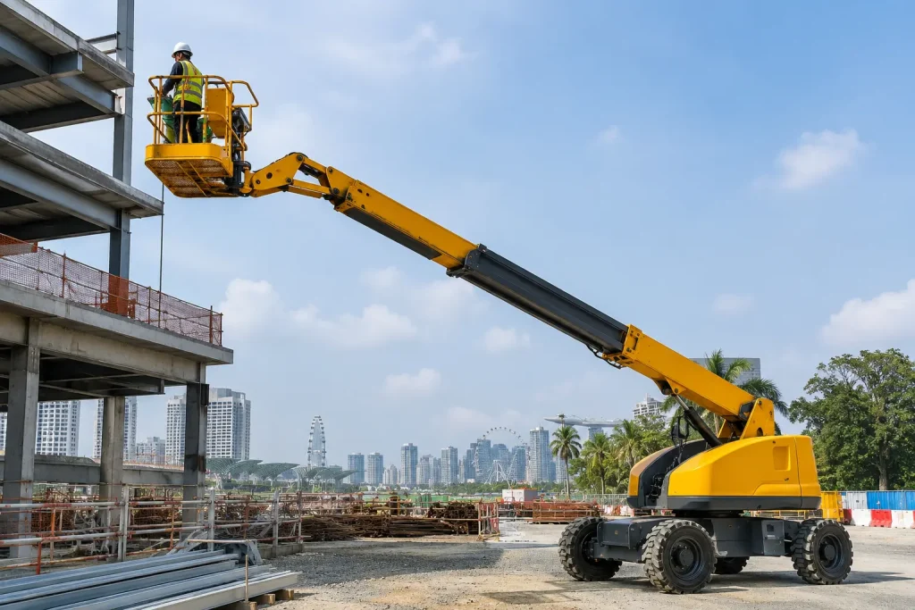 Telescopic boom lift lifting a worker with tools and materials at a Singapore construction site.