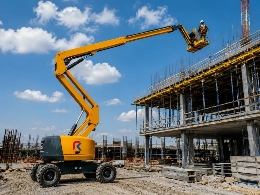 Articulating boom lift reaching over a building with a worker in a safety harness on a construction site.