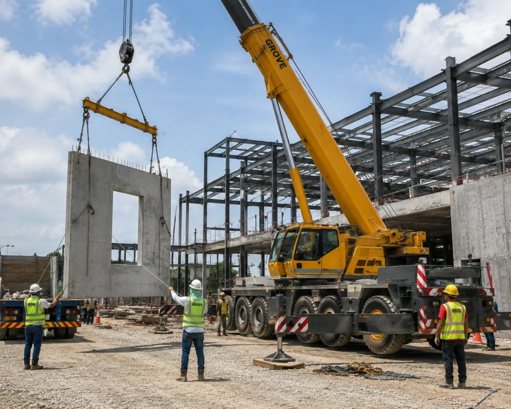 Mobile crane lifting a precast concrete wall panel with riggers guiding the load on site.