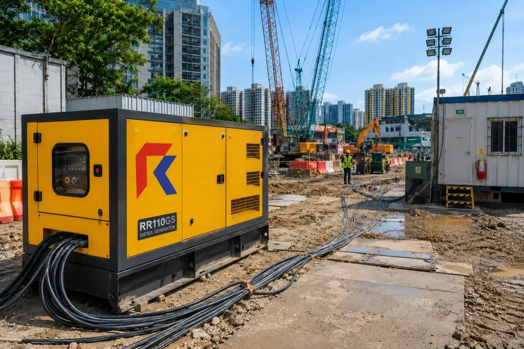 Industrial diesel generator supplying power to tools, lighting, and a site office at a Singapore construction site.