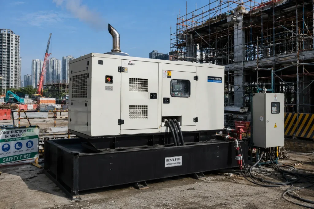 Industrial diesel generator supplying power at an active construction site with weatherproof enclosure and control panel.
