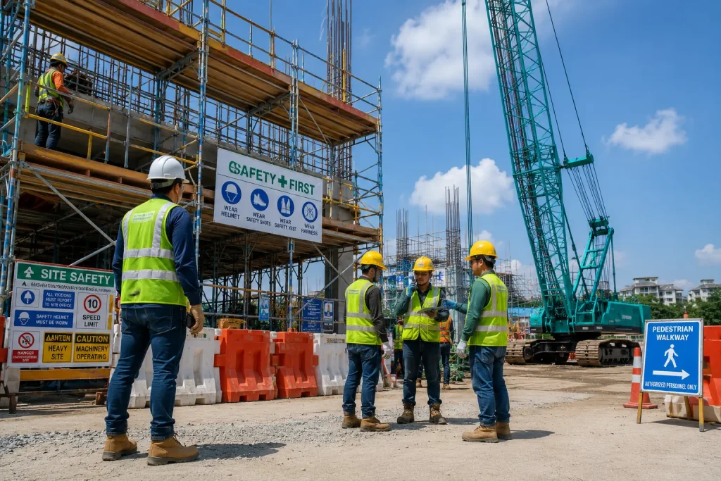 Construction workers wearing PPE and high visibility vests on a safety-compliant construction site in Singapore.