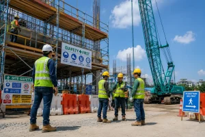 Construction workers wearing PPE and high visibility vests on a safety-compliant construction site in Singapore.