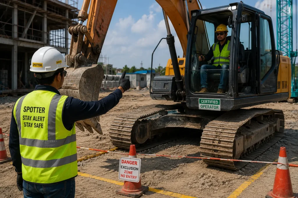 Excavator operator communicating with a ground spotter using hand signals inside a marked exclusion zone.