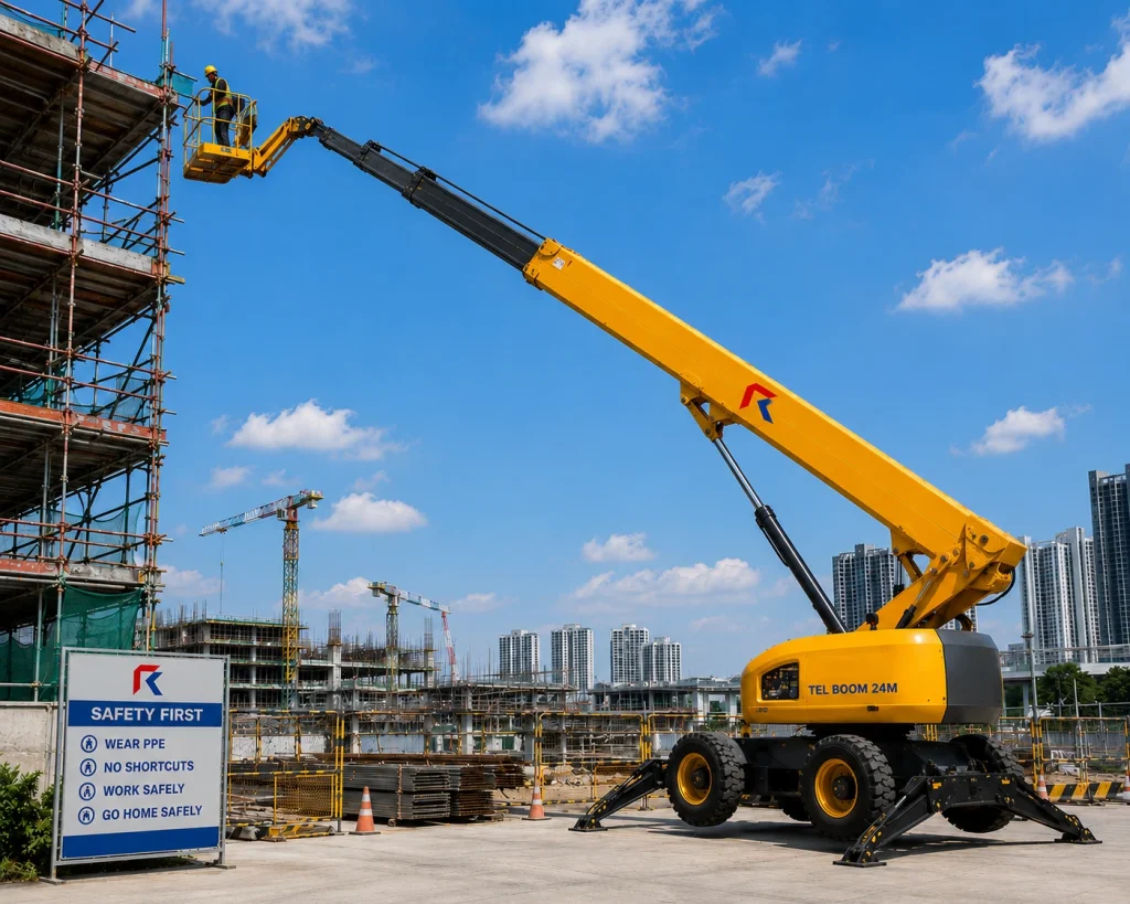 Telescopic boom lift lifting a technician to work safely near scaffolding at a Singapore construction site.