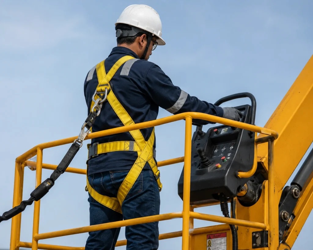 Construction worker operating a boom lift platform while secured with a full-body safety harness.