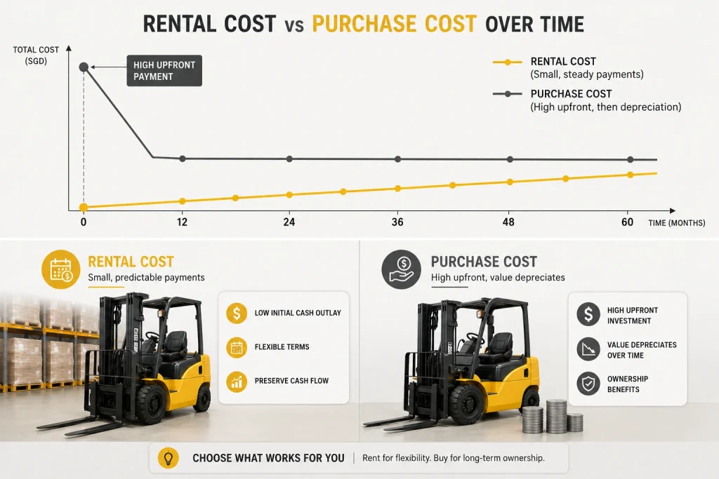 Infographic comparing forklift rental costs with purchase costs over time for business planning.