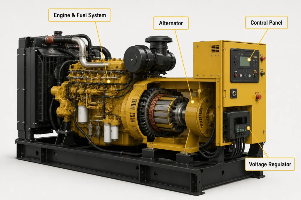 Technical diagram of a diesel generator showing the engine, alternator, voltage regulator, and control panel.