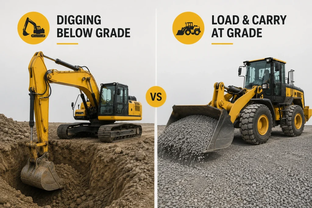 Excavator digging below grade compared with a front end loader carrying material at ground level.