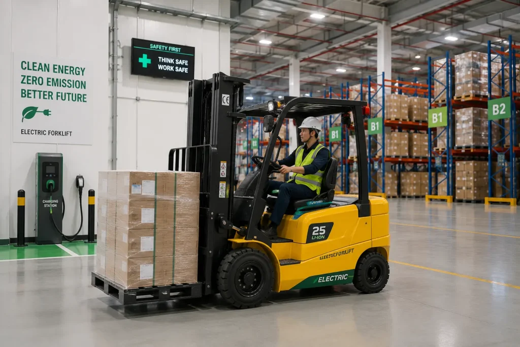 Yellow electric forklift operating in a clean warehouse with a battery charging station and pallet racks.