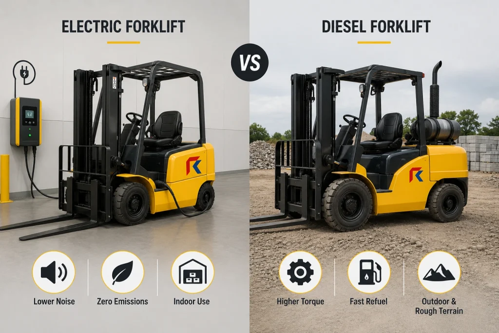Fleet of electric and diesel forklifts ready for rental and material handling in Singapore.