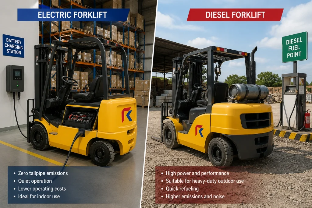 Comparison of electric and diesel forklifts highlighting indoor use, emissions, torque, and refueling benefits.